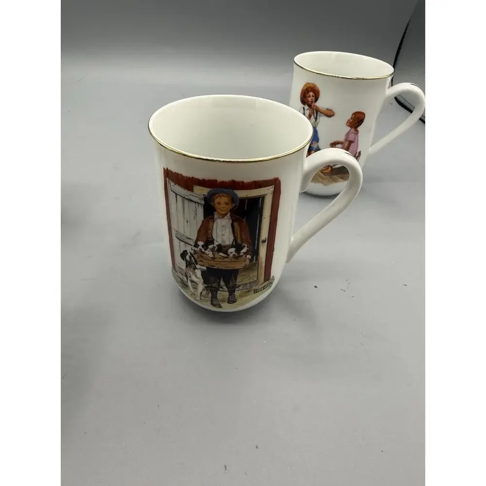 Norman Rockwell Museum Coffee Mugs Set Gold Rim Japan Vintage 1982-85